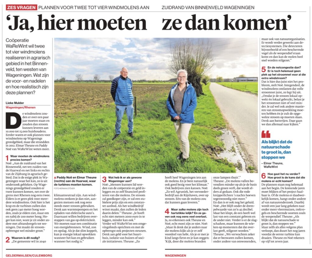 Coöperatie WaReWint wil windmolens realiseren tussen Wageningen en Rhenen